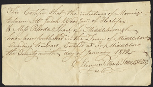 Marriage Intention of Judah Wood Jr. and Rhoda Shaw of Middleborough, Massachusetts, 1812