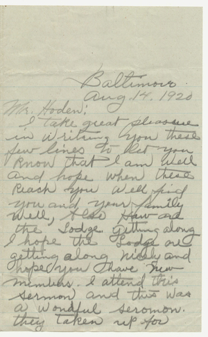 Letter from William Tillman to Jephtha Lodge, No. 11, 1920 August 14