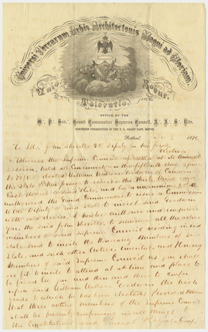 Letter from Sovereign Grand Commander Josiah H. Drummond to John Sheville, 1870 July 8