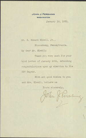 Letter from General Pershing to G. Edward Elwell, Jr., 1930 January 18