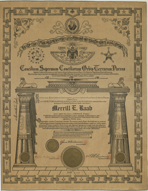 32° certificate issued to Merrill E. Raab, 1913 May 8