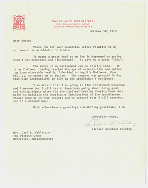 Letter from Cardinal Richard Cushing to Justice Carl E. Wahlstrom, 1970 October 30