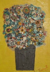"Flowers, Brown Vase and Yellow Background" Frederick Tasch