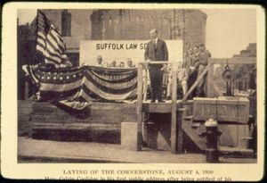Massachusetts Governor Calvin Coolidge and attendees at the cornerstone laying ceremony for Suffolk University's Archer Building (20 Derne Street)