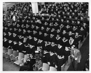 Overhead view of the audience at the 1969 Suffolk University commencement