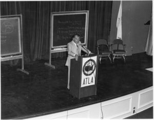 Attorney F. Lee Bailey delivers address to the National Conference of the American Trial Lawyers Association at Suffolk University's C. Walsh Theatre