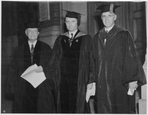 Thomas J. Boynton, President, Board of Trustees; Dean Donald W. Miller (CLAS); and President Gleason L. Archer (1906-1948) at the 1937 Suffolk University commencement