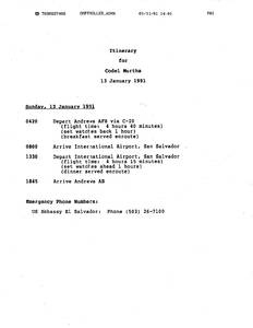 Itinerary for John P. Murtha's trip to El Salvador, 13 January 1991