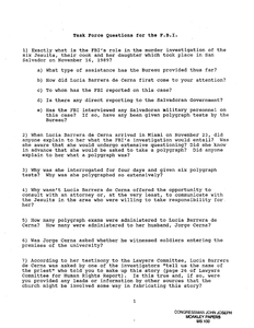 The El Salvador Task Force's questions for the FBI (Federal Bureau of Investigation) regarding their role in the Jesuit murder investigation and their interrogation of Lucia Barrera de Cerna