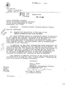 Letter to Carmen DiPlacido, Director, Office of Citizens of Citizens Consular Services, U.S. Department of State from Drew C. Arena, Director, Office of International Affairs, Criminal Division regarding Carol Buckland's deposition and reimbursement for airfare, 15 August 1991