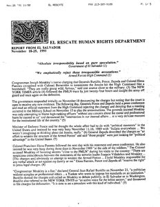 Report from El Rescate Human Rights Department, "Report from El Salvador, November 18-25, 1991," regarding reaction to John Joseph Moakley's memorandum accusing high-ranking Salvadoran Armed Forces officials with conspiring to murder the Jesuits, and regarding the truce between the FMLN and the Armed Forces, 26 November 1991