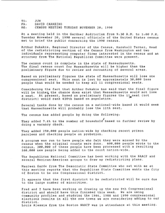 Memorandum to John Joseph Moakley from David Carreiro regarding a census meeting on 20 November 1990