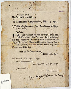 Province of the Massachusetts-Bay. In the House of Representatives, Nov. 19, 1754... Ordered, That the Assessors of the several Towns and districts within this Province, forth with send into the Secretary's Office the exact Number of Negro Slaves, both males and females, sixteen Years old and upward, that are within their respective Towns and Districts.