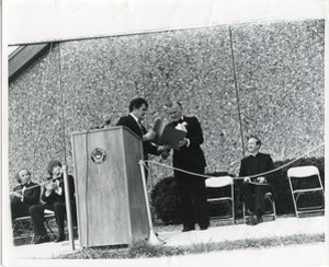 Flynn Student Recreation Complex exterior: dedication with Daniel F. Tully, Dan Cotter, Edward King, William J. Flynn, and J. Donald Monan