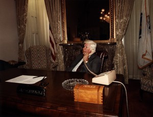 Head shot of Thomas P. O'Neill speaking on the phone in the Speaker's office