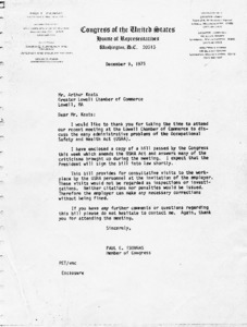 Letter from Paul E. Tsongas to Arthur Keats