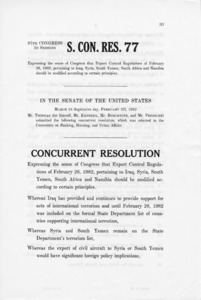 Senate Concurrent Resolution 77 expressing the sense of Congress that Export Control Regulations of February 26, 1982 pertaining to Iraq, Syria, South Yemen, South Africa, and Namibia should be modified according to certain principles.