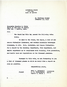 Letter to Boston Mayor Maurice J. Tobin
