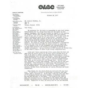 Letter, Francis Parkman, Jr., October 28, 1977.