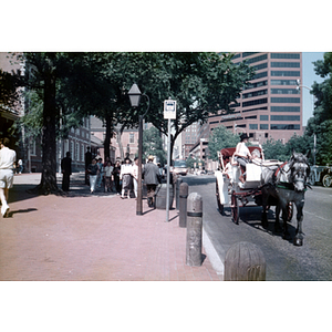 Horse-drawn carriage traveling down a street in Philadelphia, Pennsylvania near Independence Hall