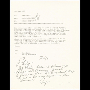 Letter from Linda Mayo-Perez to Parky Grace regarding Goldenaires transportation to Martha's Vineyard, note to Philip Harrington