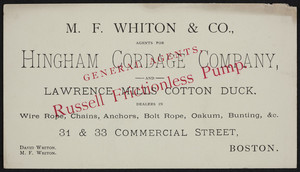 Trade card for M.F. Whiton & Co., agents, 31 & 33 Commercial Street, Boston, Mass., undated