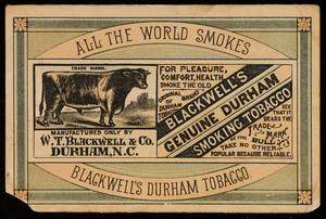 Trade card for Blackwell's Durham Tobacco, manufactured only by W.T. Blackwell & Co., Durham, North Carolina, undated