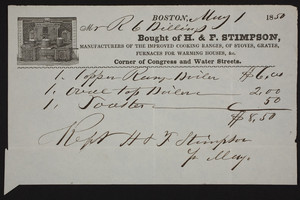 Billhead for H. & F. Stimpson, stoves and furnaces,corner of Congress and Water Streets, Boston, Mass., dated May 1, 1850