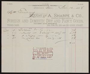 Billhead for A. Sharpe & Co., foreign and domestic dry and fancy goods, Nos. 209, 211, 213 and 215 Essex Street, Lawrence, Mass., dated November 10, 1888