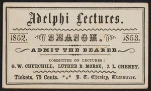 Ticket for Adelphi lectures season, location unknown, 1852-1853