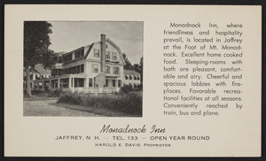 Trade card for the Monadnock Inn, Jaffrey, New Hampshire, undated
