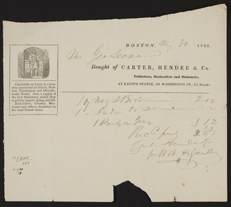 Billhead for Carter, Hendee & Co., publishers, booksellers and stationers, at Faust's statue 131 Washington St., Boston, Mass., dated May 30, 1833