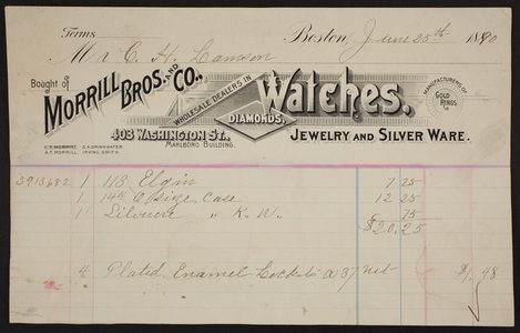 Billhead for Morrill Bros. and Co., watches, diamonds, jewelry and silver ware, 403 Washington Street, Boston, Mass., dated June 25, 1890