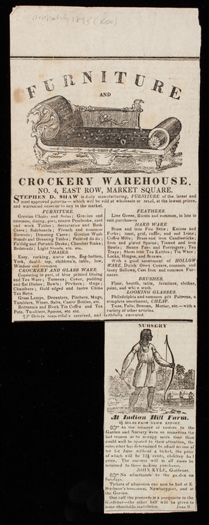Advertisements, Stephen D. Shaw, furniture and crockery warehouse, no. 4, East Row, Market Square; Nursery at Indian Hill Farm, Newburyport, Mass.