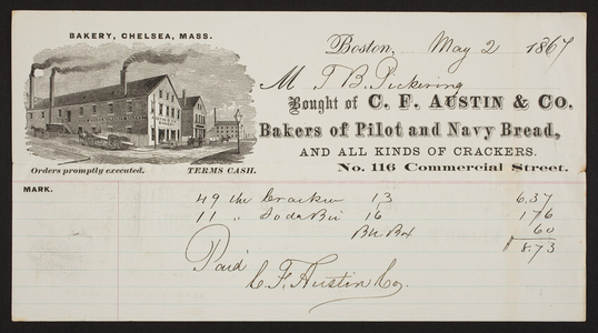 Billhead for C.F. Austin & Co., bakers of pilot and navy bread, No. 116 Commercial Street, Boston, Mass., dated May 2, 1867