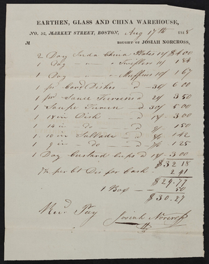 Billhead, Josiah Norcross, earthen, glass and China warehouse, No. 52 Market Street, Boston, Mass., dated August 17, 1818
