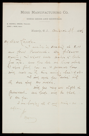 W. Maxwell Greene to Thomas Lincoln Casey, August 7, 1886