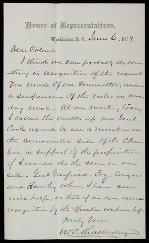 W. S. Shallenberger to Thomas Lincoln Casey, June 6, 1879