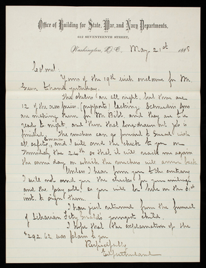 Ed. Sutherland to Thomas Lincoln Casey, May 21, 1888