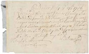 Receipt from William Shackford to James Chesley for sale of Corradan (Corydon) (a slave), 19 July 1756