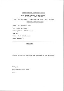 Fax from Mark H. McCormack to Frank Williams