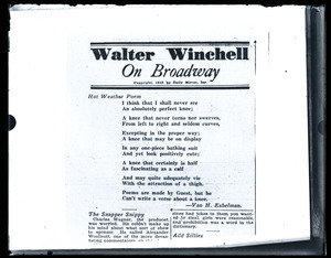 Hot Weather Poem, by Van H. Eshelman: poem for Walter Winchell On Broadway column in the Daily Mirror