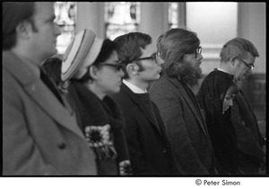 Jack Kerouac's funeral: church service, mourners including Peter Orlovsky (third-from-right) and John Clellon Holmes (right)
