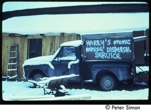 Truck in the snow: 'Harry's atomic refuse dispersal service,' Tree Frog Farm commune