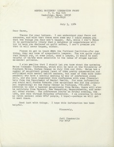 Letter from Judi Chamberlin to Karen Boswell