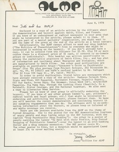 Letter from Jenny Collins to Judi Chamberlin and the Mental Patients Liberation Front