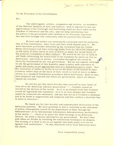 Letter from National Institute of Arts and Letters to President of the United States