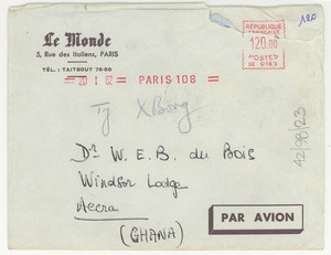 Envelope addressed to W. E. B. Du Bois