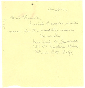 Letter from Viola B. Lawrence to National Committee to Defend Dr. W. E. B. Du Bois and Associates in the Peace Information Center