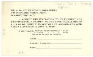 John R. Hawkins testimonial reception reservation card